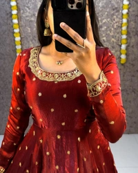 W27322 Bakrid special Rich sequence embroidery Gown + Dupata - XL-42, Reddish Maroon