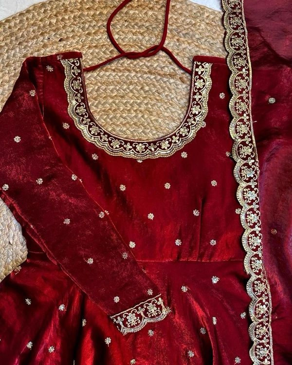 W27322 Bakrid special Rich sequence embroidery Gown + Dupata - XXL - 42, Reddish Maroon