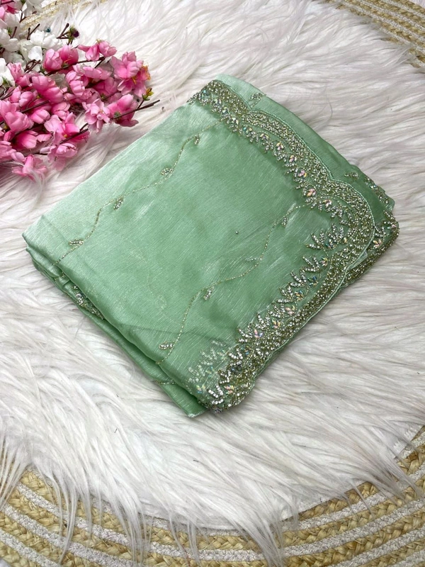 W77020 FULL hand Work Heavy embroidery Work Jimmy Choo Saree - Aquamarine