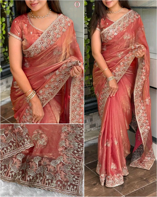 W12010 Premium space silk saree with Embroidery and zarkhan touch up 💓 - Burning Orange