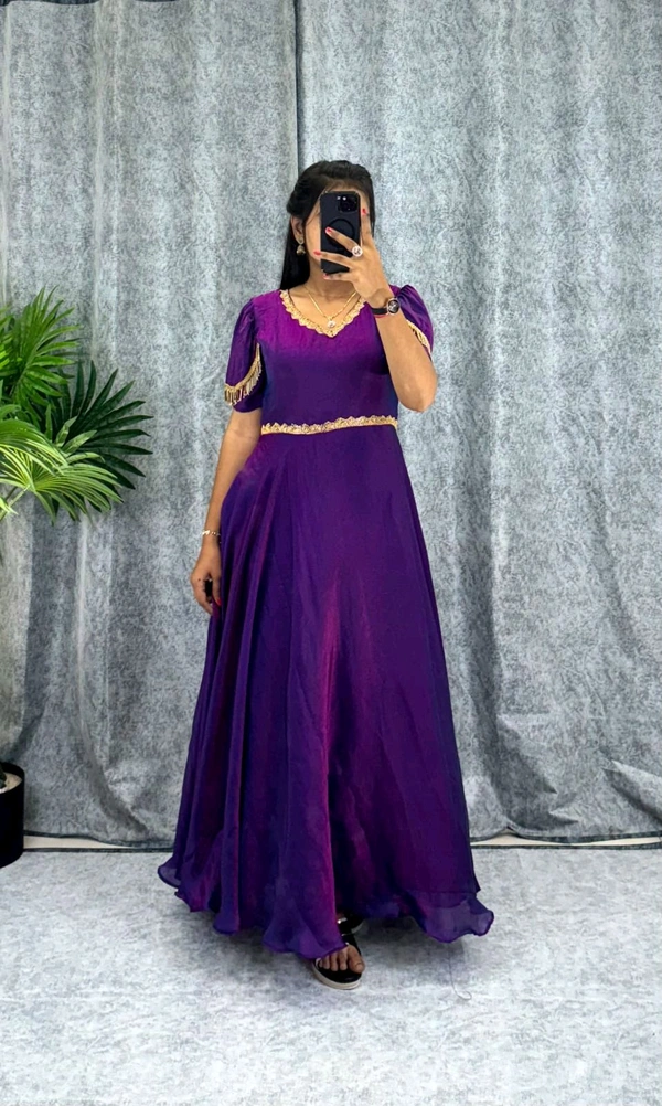 W06110 Premium dual shaded space silk Gown with Attractive hanging Sleeve - Purple, L-40