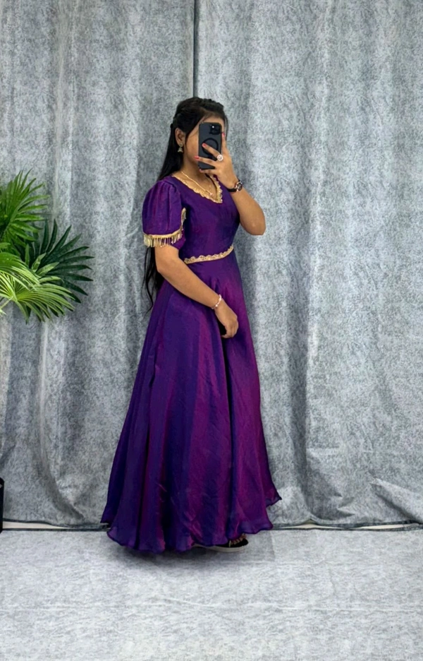 W06110 Premium dual shaded space silk Gown with Attractive hanging Sleeve - Purple, XXL-44