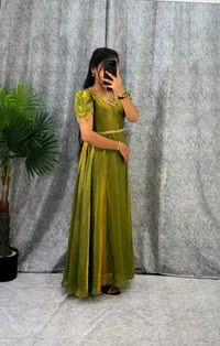 W06110 Premium dual shaded space silk Gown with Attractive hanging Sleeve - Mehedi Green, M-38
