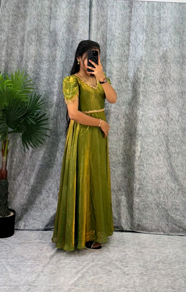 W06110 Premium dual shaded space silk Gown with Attractive hanging Sleeve - Mehedi Green, M-38