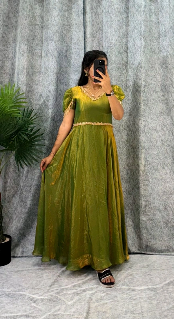 W06110 Premium dual shaded space silk Gown with Attractive hanging Sleeve - Mehedi Green, XXL-44