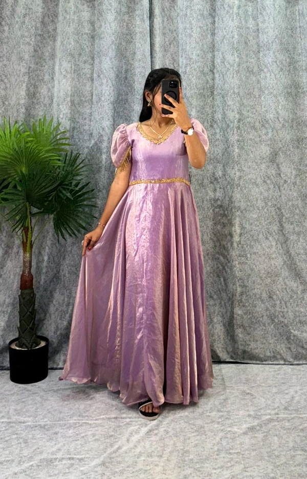 W06110 Premium dual shaded space silk Gown with Attractive hanging Sleeve - Lavender Rose, M-38