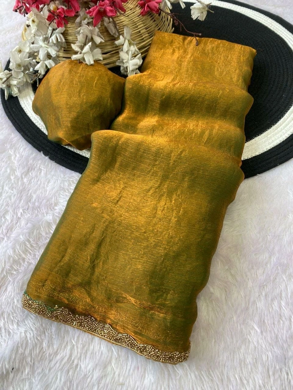 W29001 special simmri Golden lovers limited edition saree fendy chiffon two tone saree - Mehedi Green