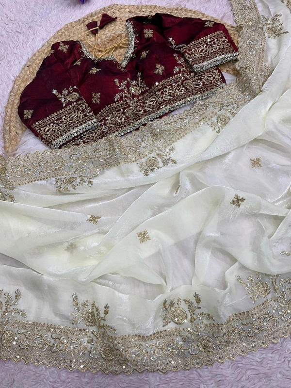 W77041 Heavy embroidery Work Stiched Blouse Space Silk Saree - White