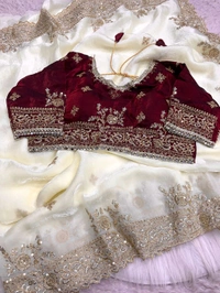 W77041 Heavy embroidery Work Stiched Blouse Space Silk Saree - White