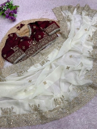 W77041 Heavy embroidery Work Stiched Blouse Space Silk Saree - White
