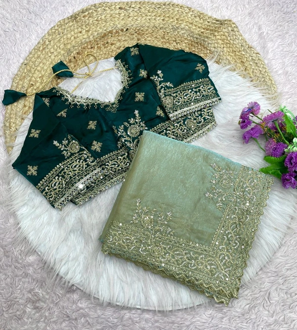 W77041 Heavy embroidery Work Stiched Blouse Space Silk Saree - Mint Green