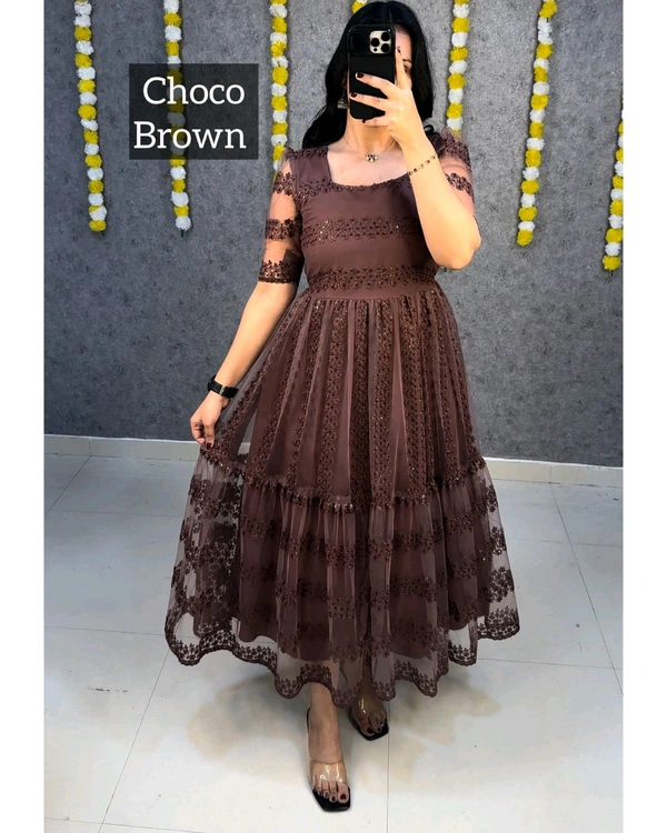 W07056 flower-embroidery sequence work frocks - Maroon, S - 36