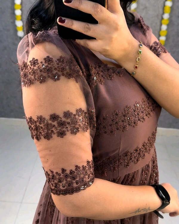 W07056 flower-embroidery sequence work frocks - Maroon, S - 36