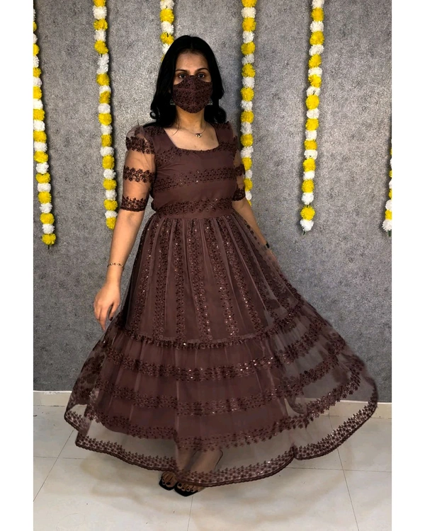 W07056 flower-embroidery sequence work frocks - Maroon, XL - 42