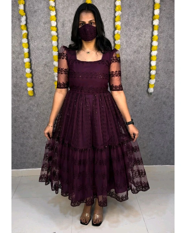 W07056 flower-embroidery sequence work frocks - Wine, S - 36