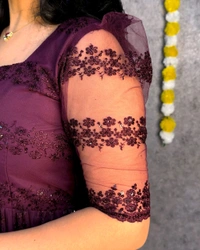 W07056 flower-embroidery sequence work frocks - Wine, S - 36