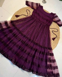 W07056 flower-embroidery sequence work frocks - Wine, S - 36