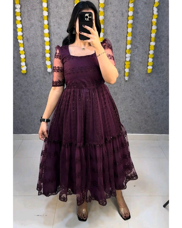 W07056 flower-embroidery sequence work frocks - Wine, L-40