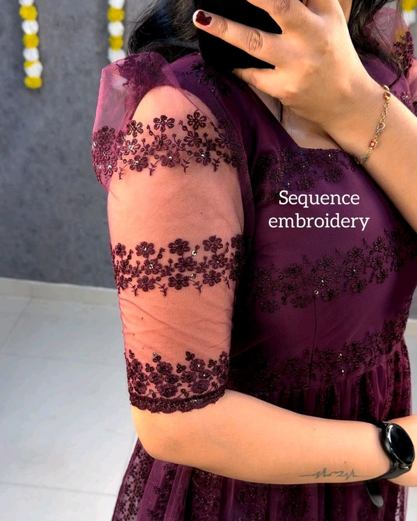 W07056 flower-embroidery sequence work frocks - Wine, L-40