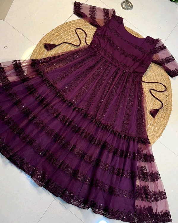 W07056 flower-embroidery sequence work frocks - Wine, 5XL-50