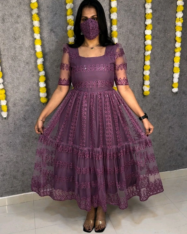 W07056 flower-embroidery sequence work frocks - Fuchsia Pink, XL - 42