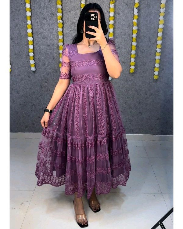 W07056 flower-embroidery sequence work frocks - Fuchsia Pink, 4XL - 48