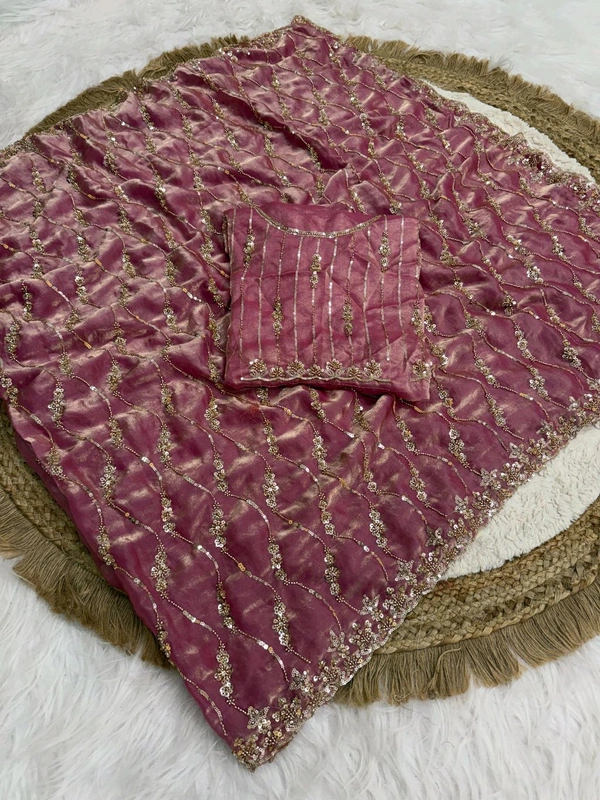 W19055 Premium Quality Launch in bollywood trending space silk original gold beeds work saree - Pink