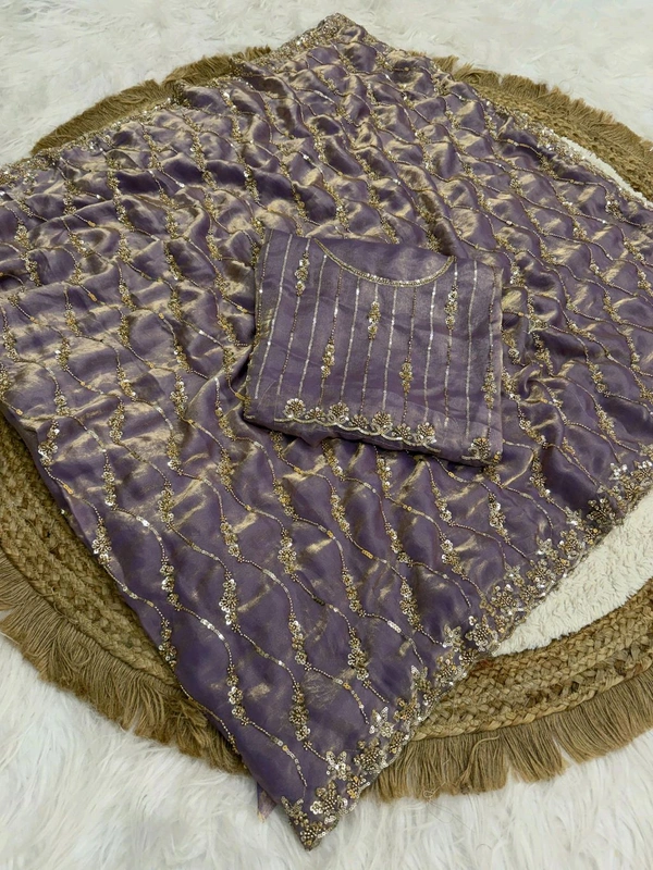 W19055 Premium Quality Launch in bollywood trending space silk original gold beeds work saree - Onion