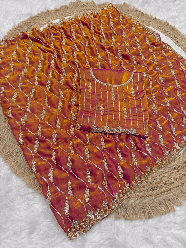 W19055 Premium Quality Launch in bollywood trending space silk original gold beeds work saree - Orange Gold