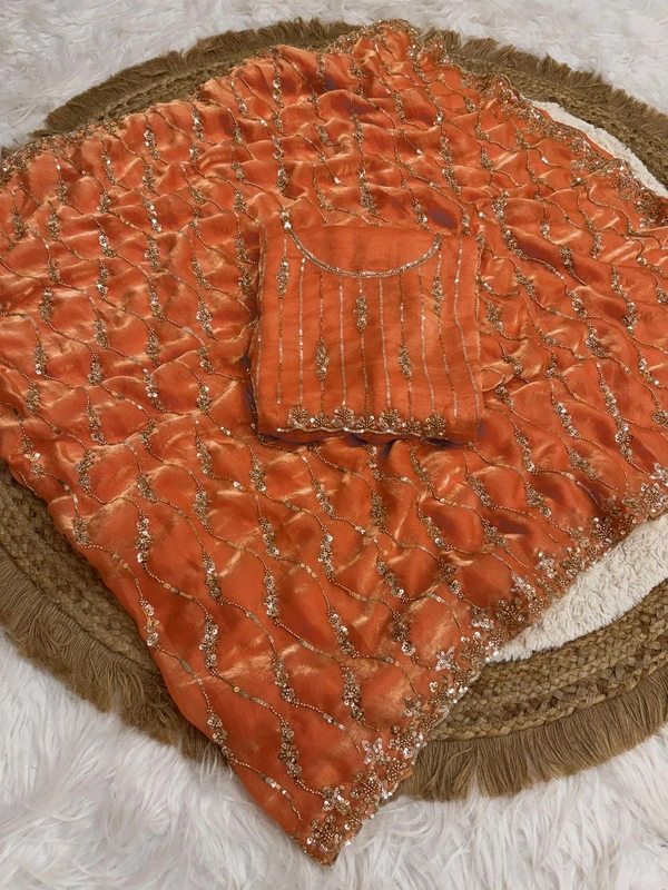 W19055 Premium Quality Launch in bollywood trending space silk original gold beeds work saree - Gajri