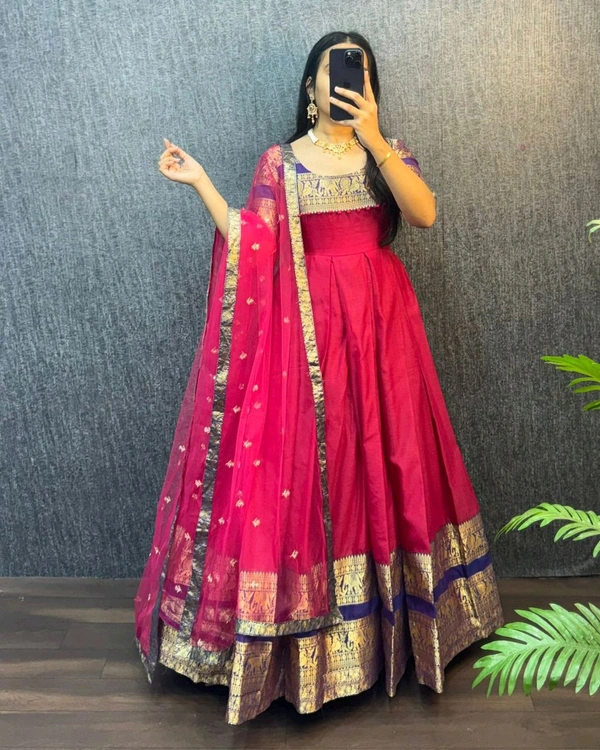 B09054 Original Naryanpet silk Gown with net Duppata - XXL - 44, Pink