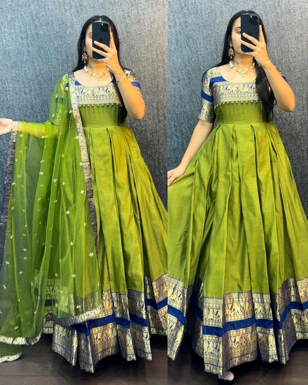 B09054 Original Naryanpet silk Gown with net Duppata - 3XL - 46, Green