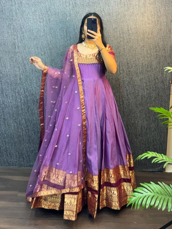 B09054 Original Naryanpet silk Gown with net Duppata - XL - 42, Electric Violet