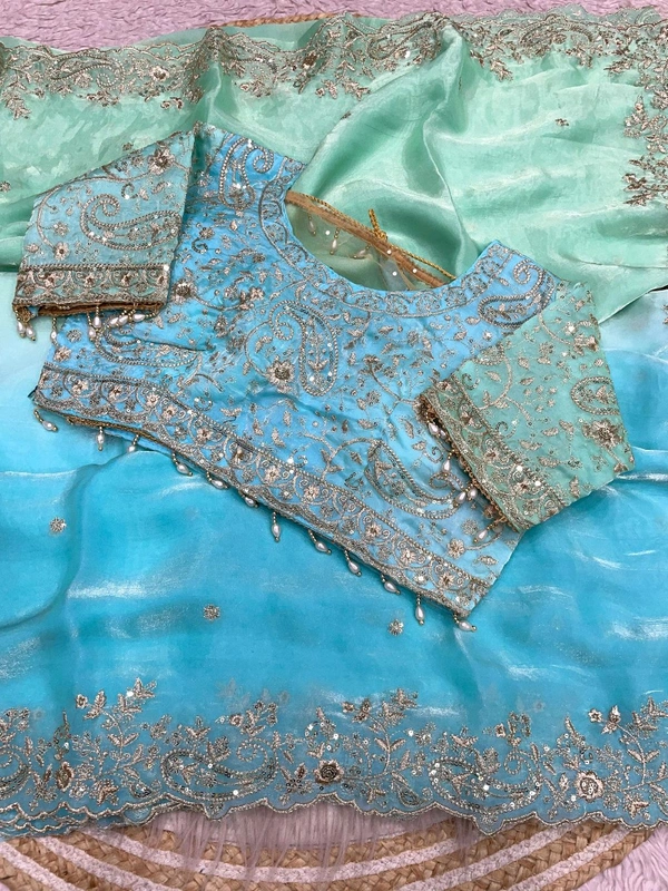 W34055 Bollywood inspired dual colour embroidery work space silk saree. ✨ ( Stiched Blouse 38 Upto 42 ) - sky Blue