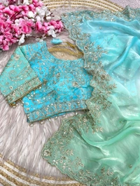W34055 Bollywood inspired dual colour embroidery work space silk saree. ✨ ( Stiched Blouse 38 Upto 42 ) - sky Blue