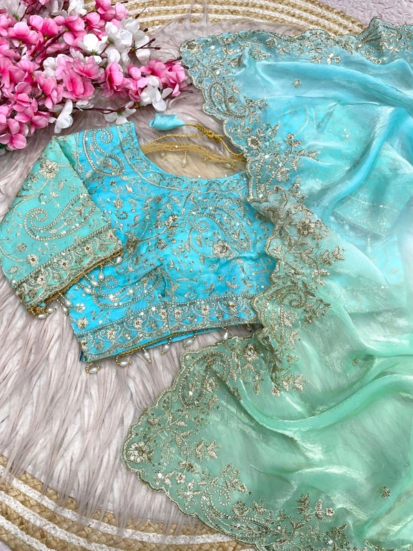W34055 Bollywood inspired dual colour embroidery work space silk saree. ✨ ( Stiched Blouse 38 Upto 42 ) - sky Blue