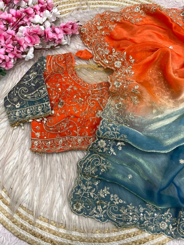 W34055 Bollywood inspired dual colour embroidery work space silk saree. ✨ ( Stiched Blouse 38 Upto 42 ) - Blaze Orange
