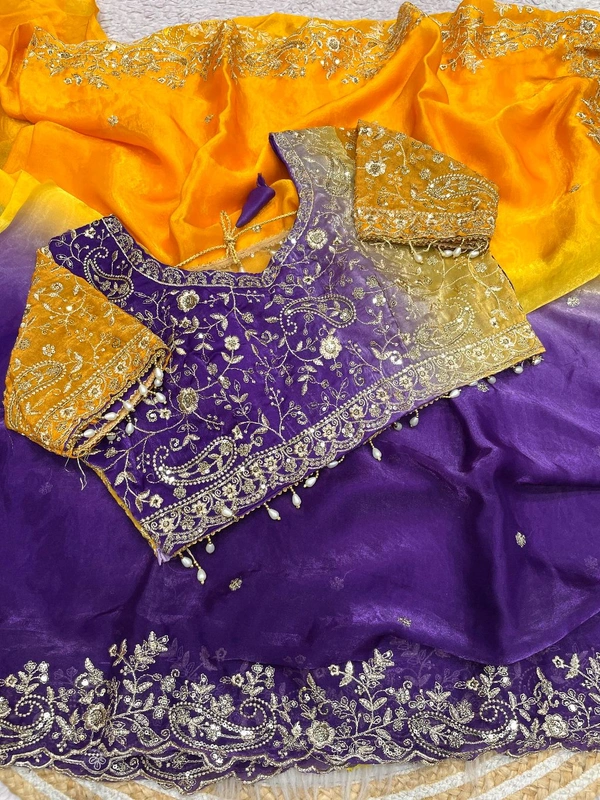 W34055 Bollywood inspired dual colour embroidery work space silk saree. ✨ ( Stiched Blouse 38 Upto 42 ) - Purple