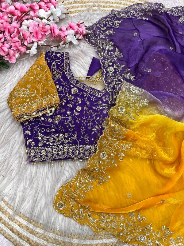 W34055 Bollywood inspired dual colour embroidery work space silk saree. ✨ ( Stiched Blouse 38 Upto 42 ) - Purple