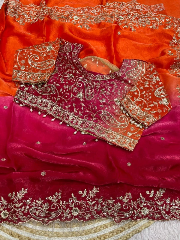 W34055 Bollywood inspired dual colour embroidery work space silk saree. ✨ ( Stiched Blouse 38 Upto 42 ) - Royal Pink