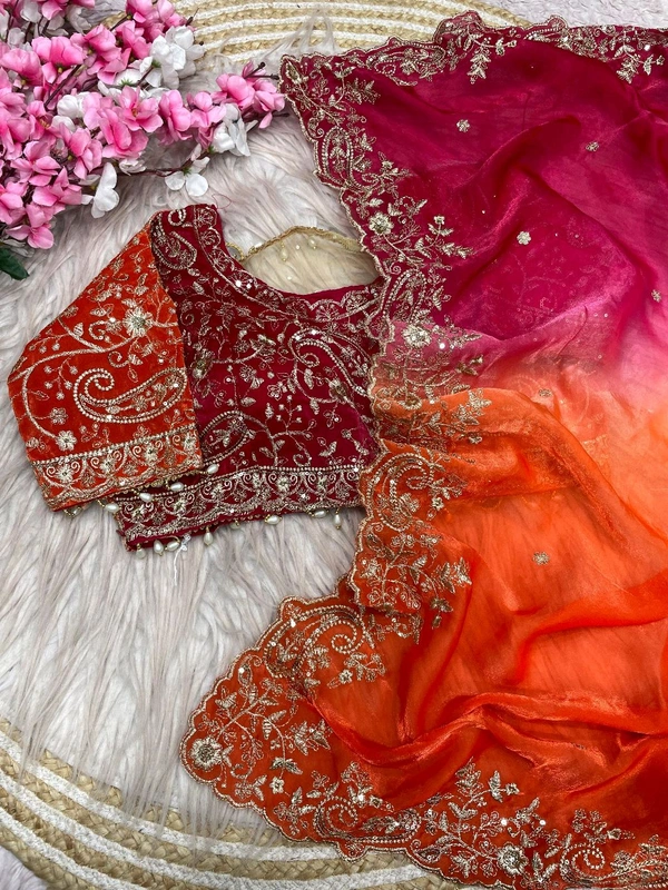 W34055 Bollywood inspired dual colour embroidery work space silk saree. ✨ ( Stiched Blouse 38 Upto 42 ) - Royal Pink