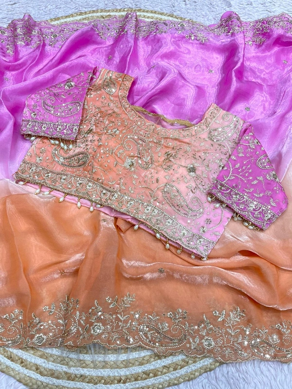 W34055 Bollywood inspired dual colour embroidery work space silk saree. ✨ ( Stiched Blouse 38 Upto 42 ) - Blush Pink