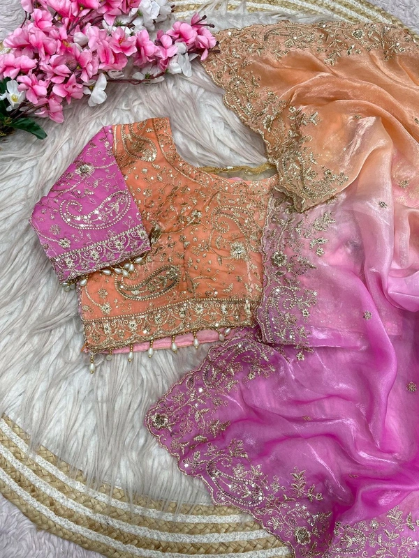 W34055 Bollywood inspired dual colour embroidery work space silk saree. ✨ ( Stiched Blouse 38 Upto 42 ) - Blush Pink