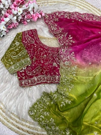 W34055 Bollywood inspired dual colour embroidery work space silk saree. ✨ ( Stiched Blouse 38 Upto 42 ) - Mehedi Green