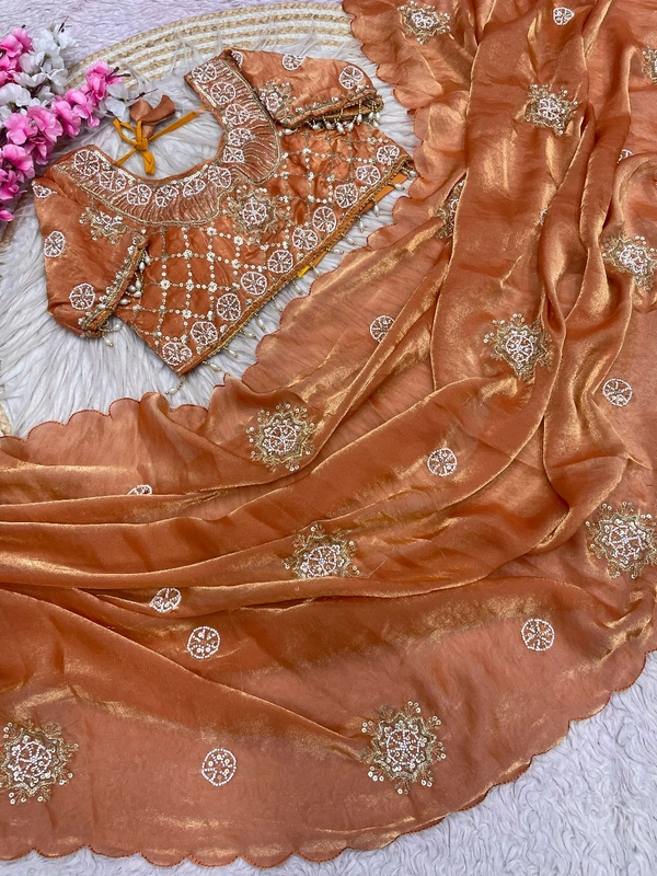 W34056 Bollywood trending original beads work space silk saree ✨ ( blouse 38 upto 42 ) - Blaze Orange