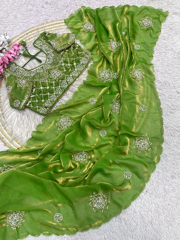 W34056 Bollywood trending original beads work space silk saree ✨ ( blouse 38 upto 42 ) - Green