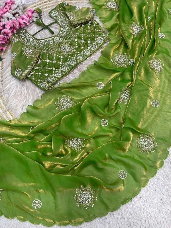 W34056 Bollywood trending original beads work space silk saree ✨ ( blouse 38 upto 42 ) - Green