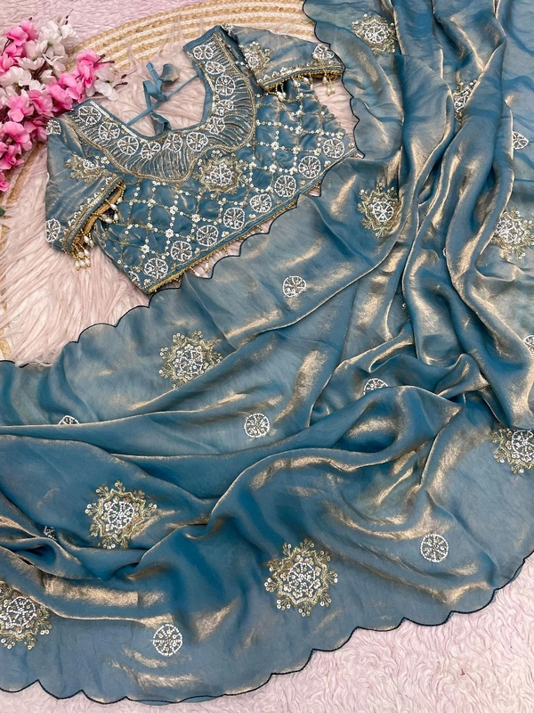 W34056 Bollywood trending original beads work space silk saree ✨ ( blouse 38 upto 42 ) - Sky Blue