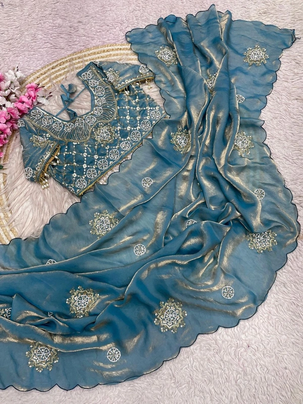 W34056 Bollywood trending original beads work space silk saree ✨ ( blouse 38 upto 42 ) - Sky Blue