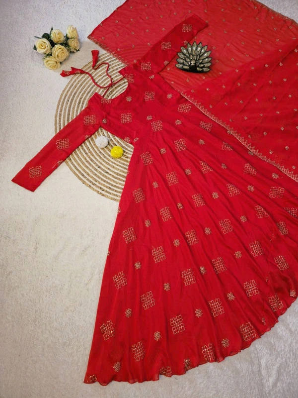 Rangoli Silk Gown + Duppata All Over Dress Cutbeads Work - M - 38, Red